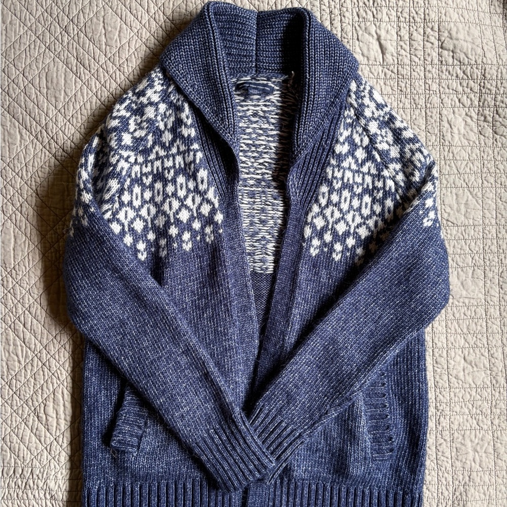 American Eagle Outfitters Navy and White Fair Isle Shawl-Collar Cardigan